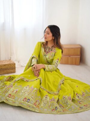 Lime Green Lehenga Choli with Foil Work Border