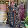 Navy Blue Floral Printed Cotton Blend Kurta, Pant & Dupatta