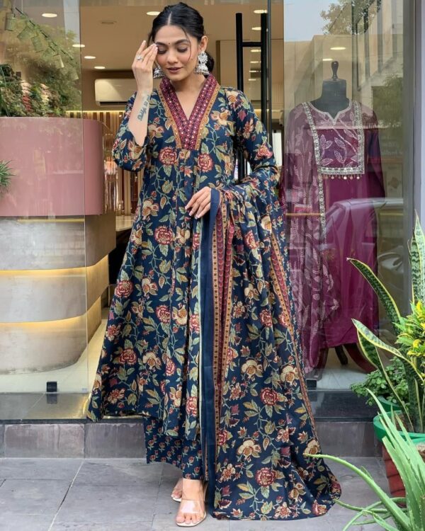 Navy Blue Floral Printed Cotton Blend Kurta, Pant & Dupatta