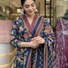 Navy Blue Floral Printed Cotton Blend Kurta, Pant & Dupatta