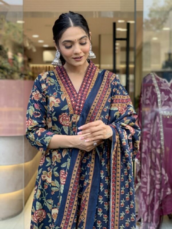 Navy Blue Floral Printed Cotton Blend Kurta, Pant & Dupatta