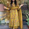 Yellow Floral Printed Cotton Blend Kurta, Pant & Dupatta Set
