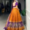 Purple & Yellow Chinon Embroidered Sequence Work Lehenga Set