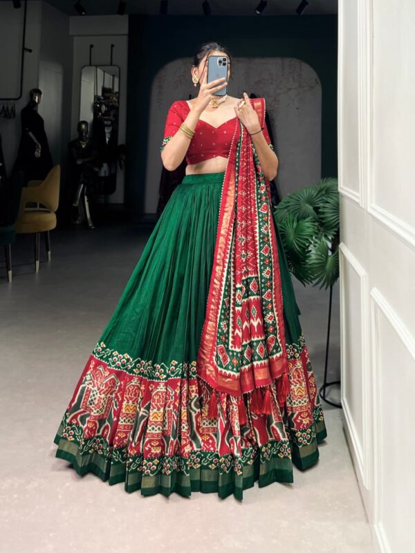 Green & Red Chinon Embroidered Sequence Work Lehenga Set