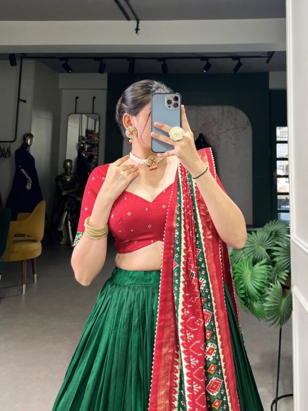 Green & Red Chinon Embroidered Sequence Work Lehenga Set
