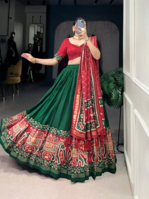 Green & Red Chinon Embroidered Sequence Work Lehenga Set