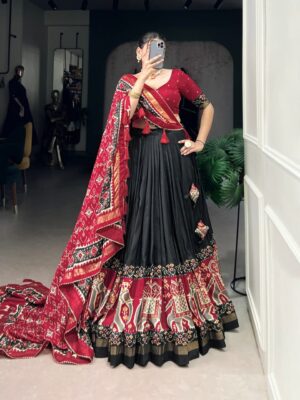 Black & Red Chinon Embroidered Sequence Work Lehenga Set