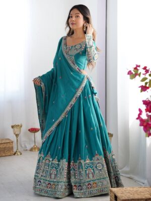 Sea Green Lehenga Choli with Foil Work Border