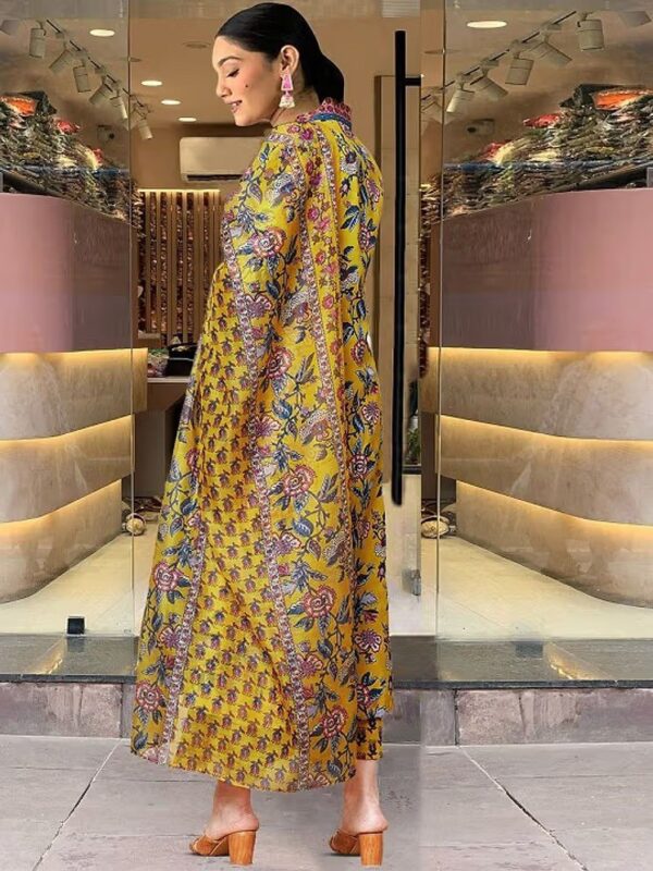 Yellow Floral Printed Cotton Blend Kurta, Pant & Dupatta Set