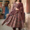 Maroon kurti pant duppata set with rayon foil print